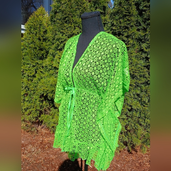 Amazing Neon Green Crochet Lace Tie-Front Cover-Up - Picture 2 of 13
